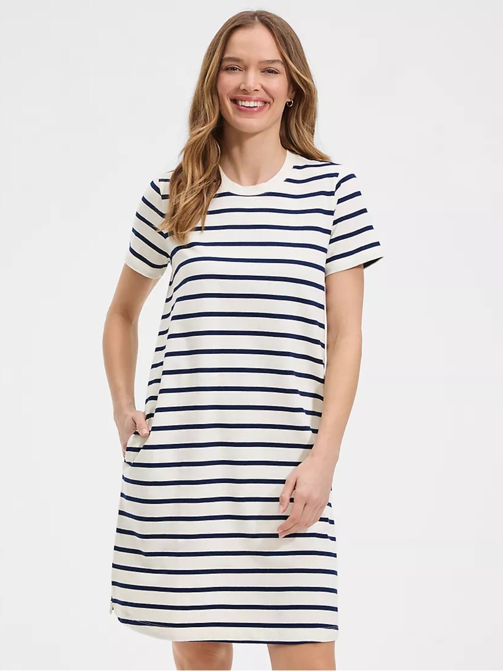 NWOT Lands' End Women's Navy and White Striped Tee Shirt Dress Pockets Medium